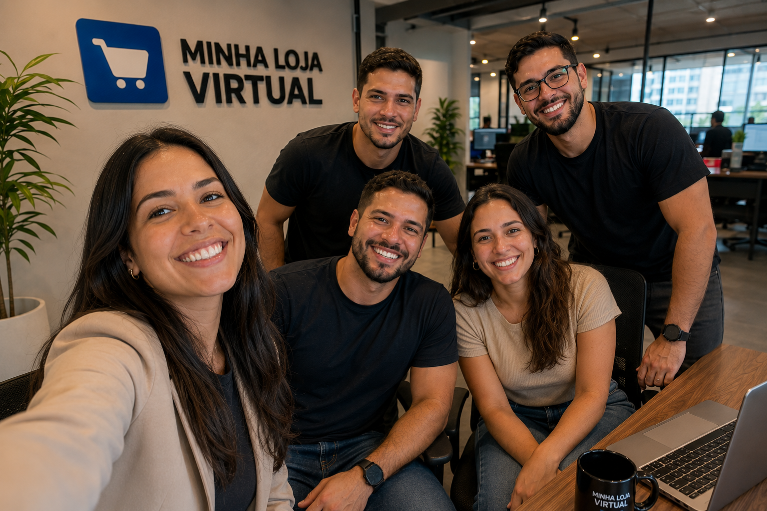 Equipe da Minha Loja Virtual reunida no escritório